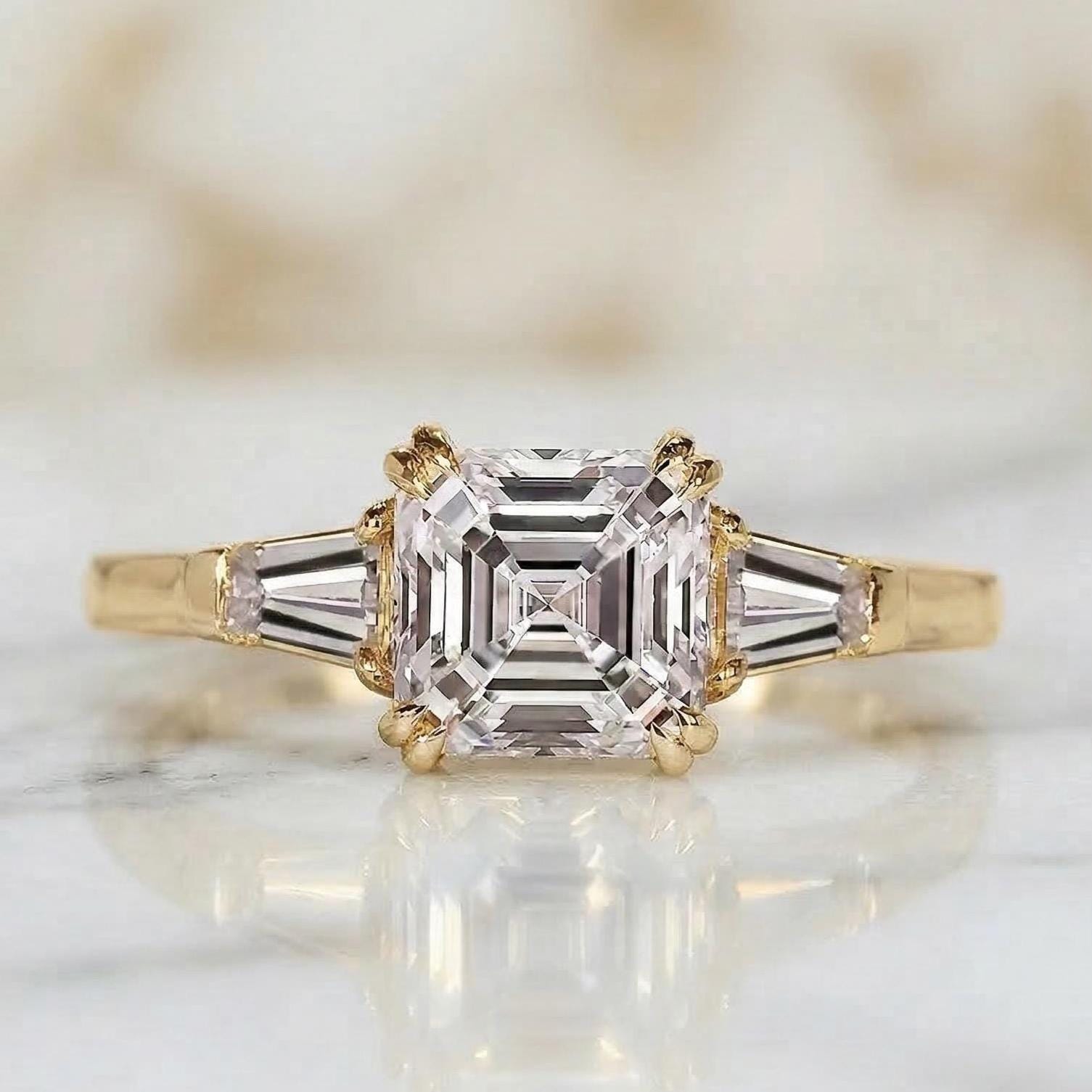 Asscher Lab Diamond Three Stone Engagement Ring
