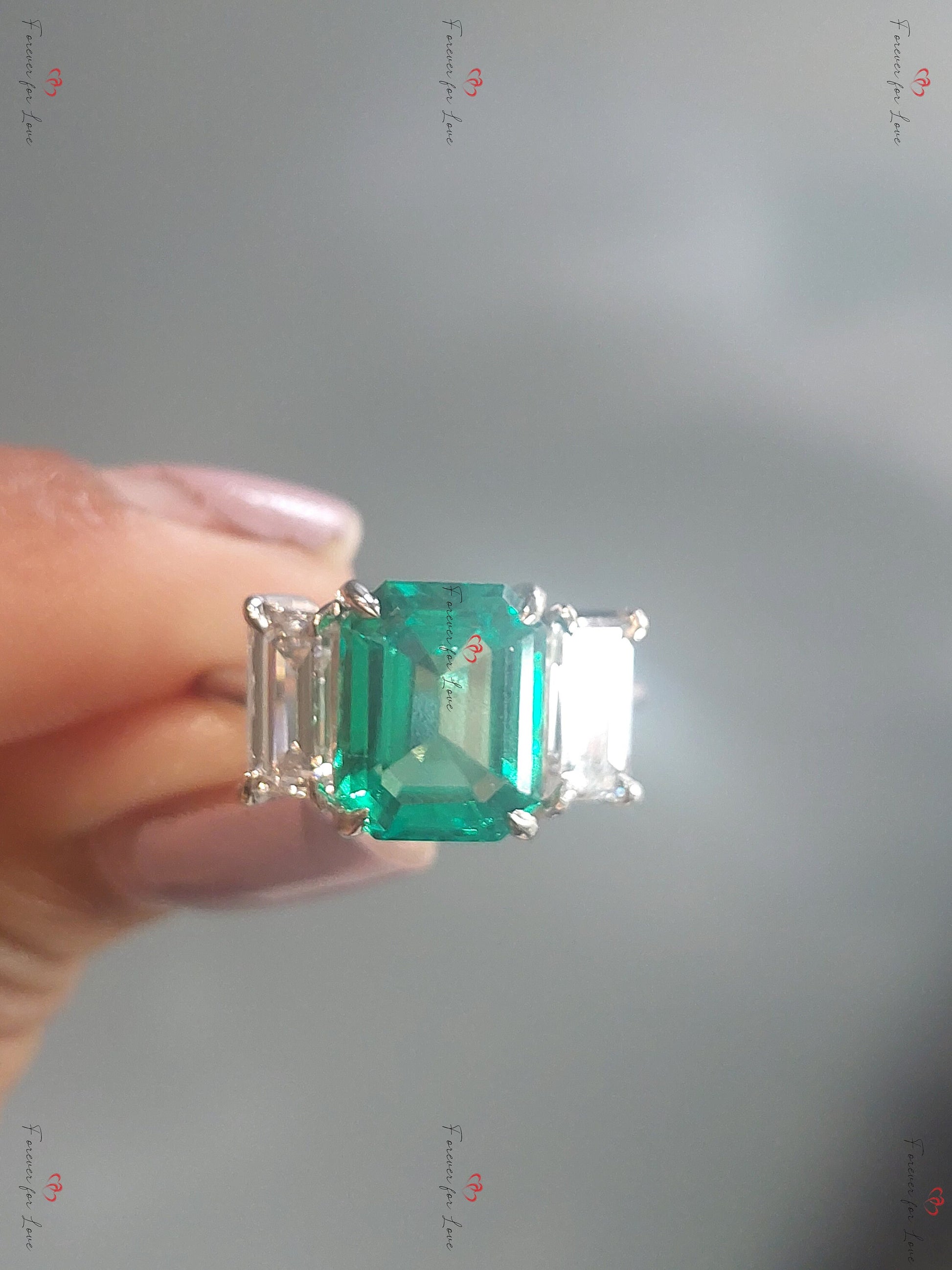 Emerald and moissanite engagement wedding set handmade in white/rose/yellow gold or platinum Emerald bridal ring set Emerald Proposal Ring