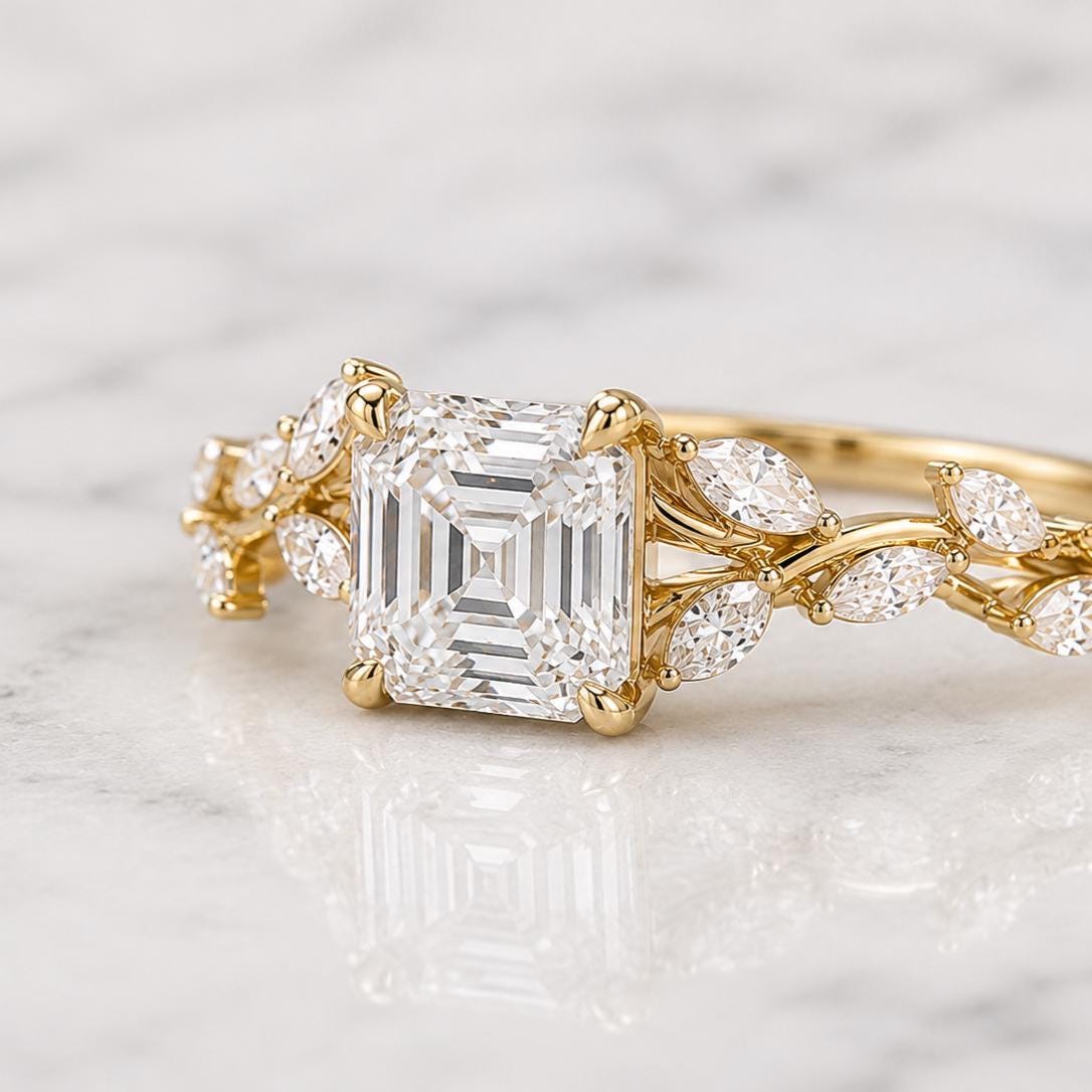 3.5 carat E color VVS2 Clarity IGI CERTIFIED Nature Inspired Asscher Cut Lab Grown Diamond Engagement Ring, Side Marquise 14k White Gold