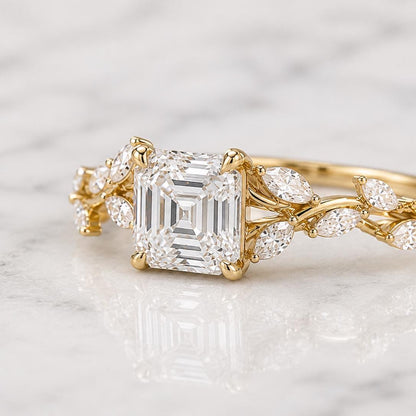 3.5 carat E color VVS2 Clarity IGI CERTIFIED Nature Inspired Asscher Cut Lab Grown Diamond Engagement Ring, Side Marquise 14k White Gold
