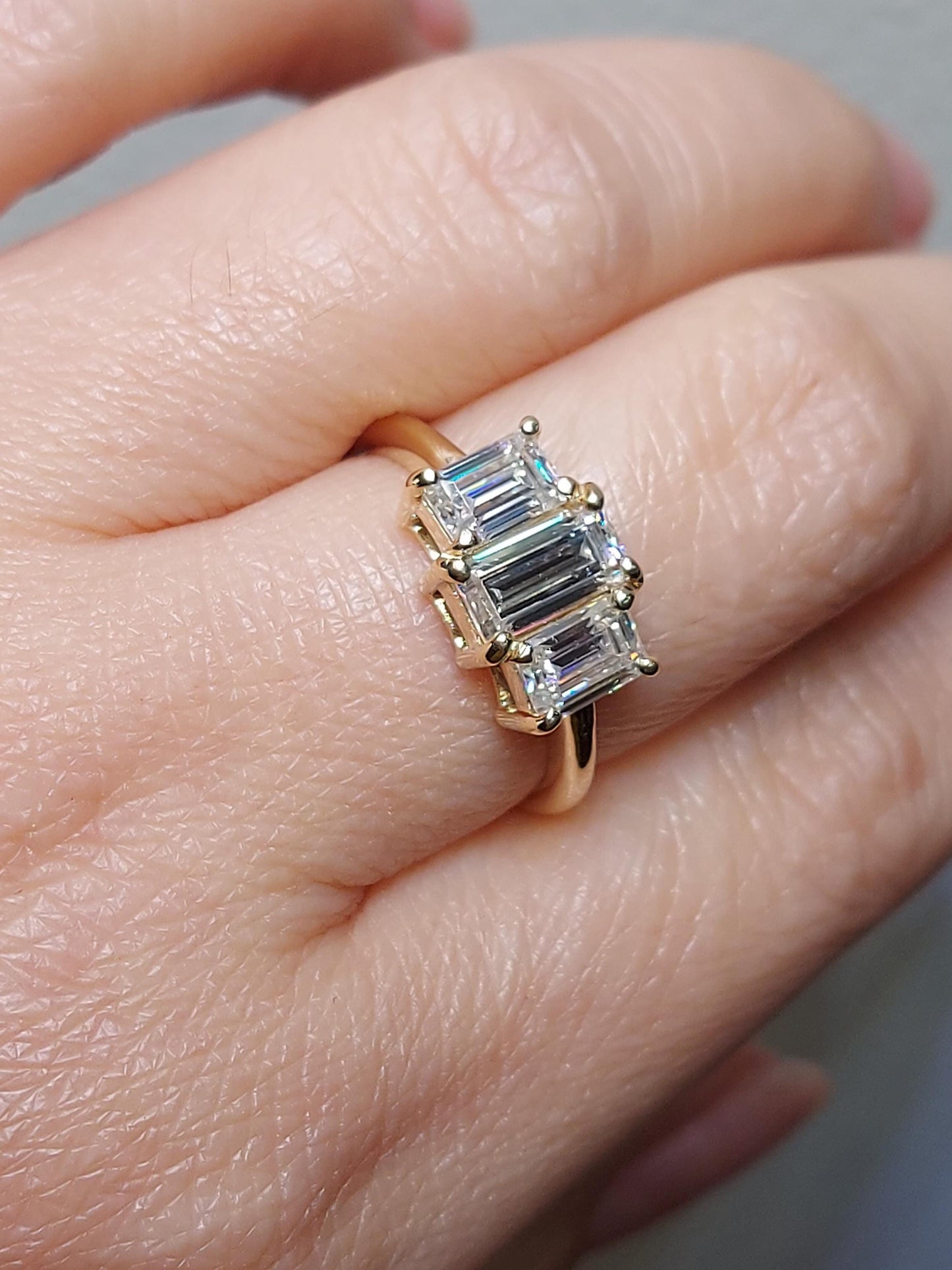 Bague trois pierres diamant baguette et moissanite Baguette cut Moissanite engagement ring in Gold or Platinum — custom handcrafted by Forever For Love