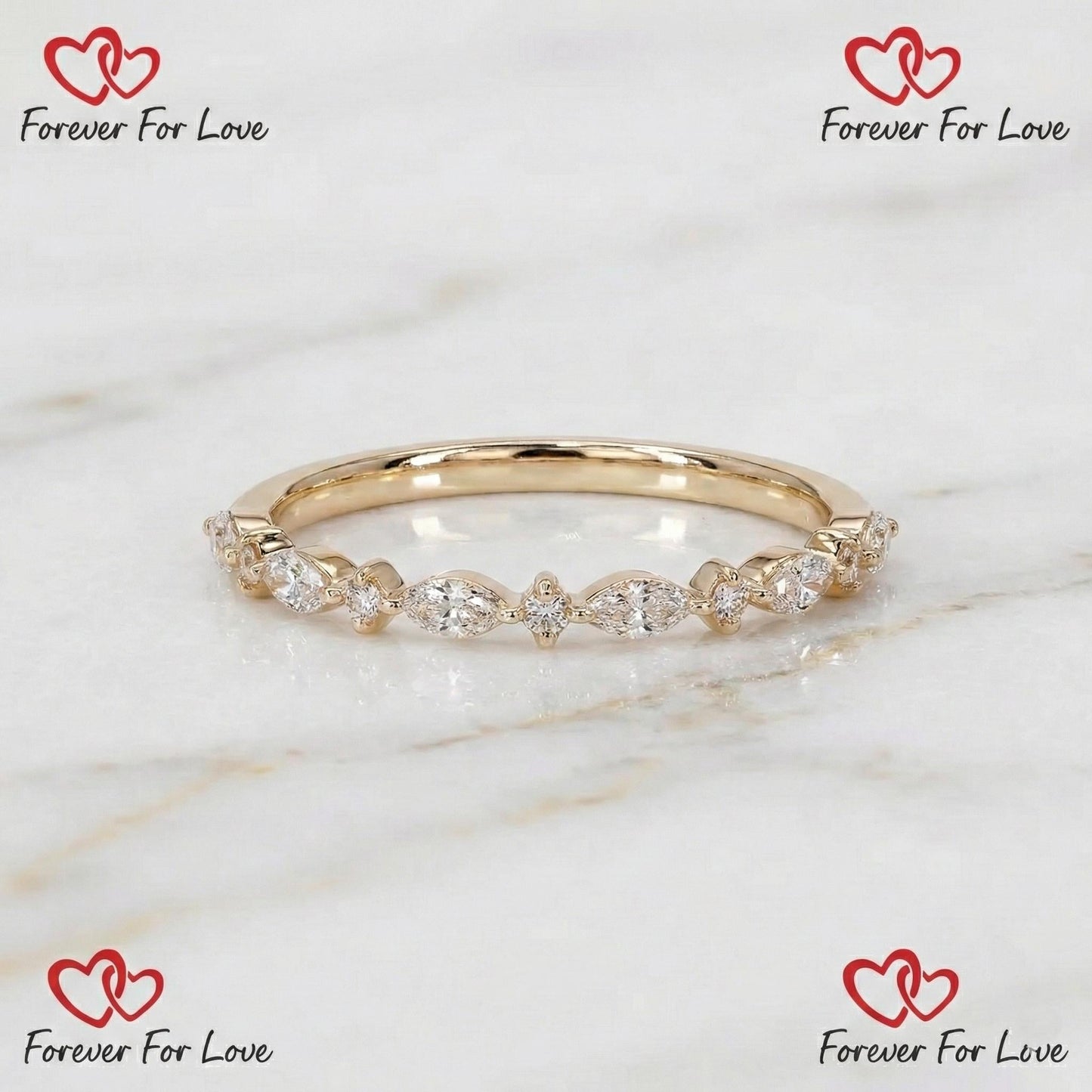 Marquise Lab Diamond Half Eternity Band Marquise cut Moissanite Brilliant Cut engagement ring in 935 Argentium Silver — custom handcrafted by Forever For Love