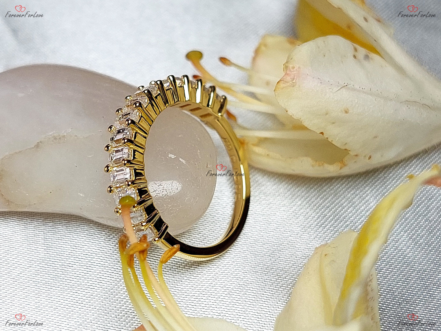 Anneau demi-éternité baguette moissanite Baguette cut Moissanite taille brillant engagement ring in Gold or Platinum — custom handcrafted by Forever For Love