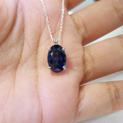 Blauer Saphir Anhänger Halskette 14K Massives Weißgold für Damen Oval Geformte Blaue Saphir Halskette Anhänger, Geburtsstein-Halskette, Perfektes Geschenk