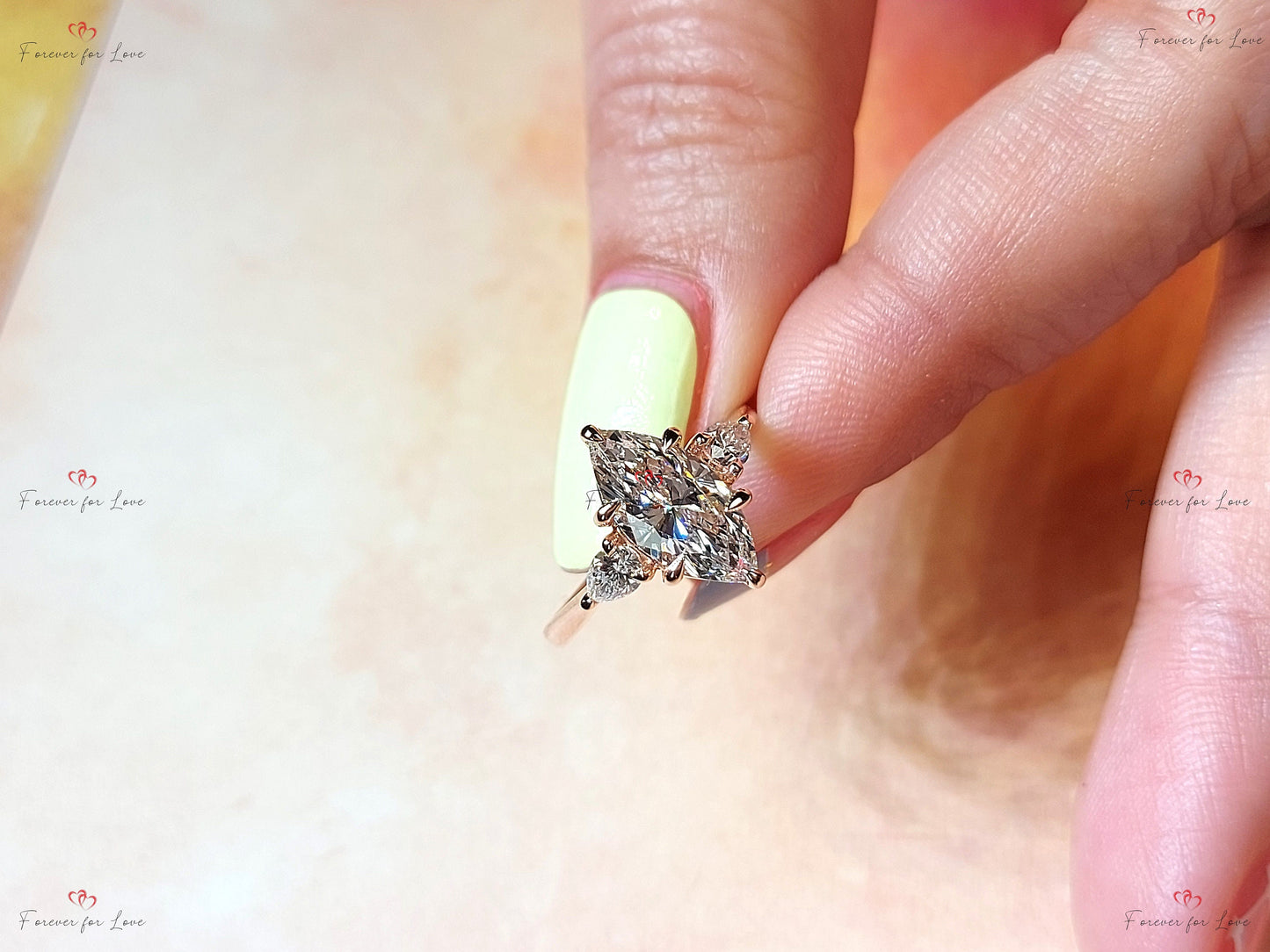 Bague de Fiançailles 2 Ct en Diamant de Laboratoire Taille Marquise Certifié IGI avec Accents Marquise cut 1Ct Moissanite taille brillant engagement ring in Gold or Platinum — custom handcrafted by Forever For Love