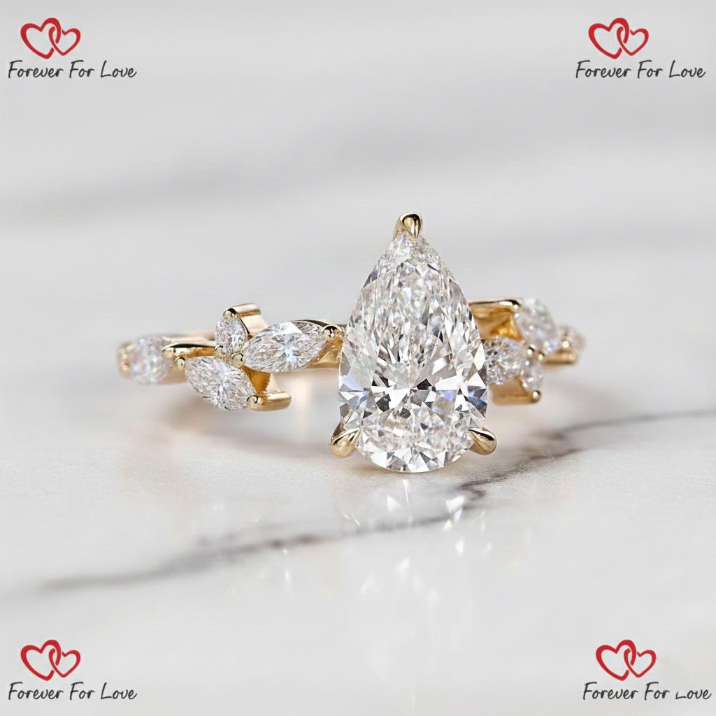 Pear Lab Diamond Ring with Side Stones — Customisable Carat Pear cut 1Ct Moissanite Brilliant Cut engagement ring in 935 Argentium Silver — custom handcrafted by Forever For Love