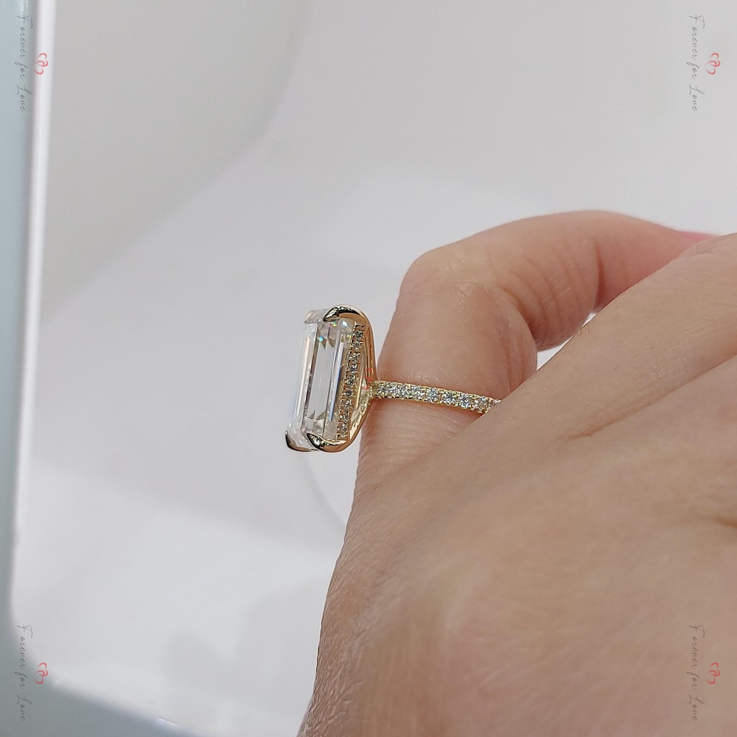 5 Ct Emerald Cut Lab Diamond & Moissanite Halo Engagement Ring Emerald cut 1Ct Moissanite Brilliant Cut engagement ring in 935 Argentium Silver — custom handcrafted by Forever For Love