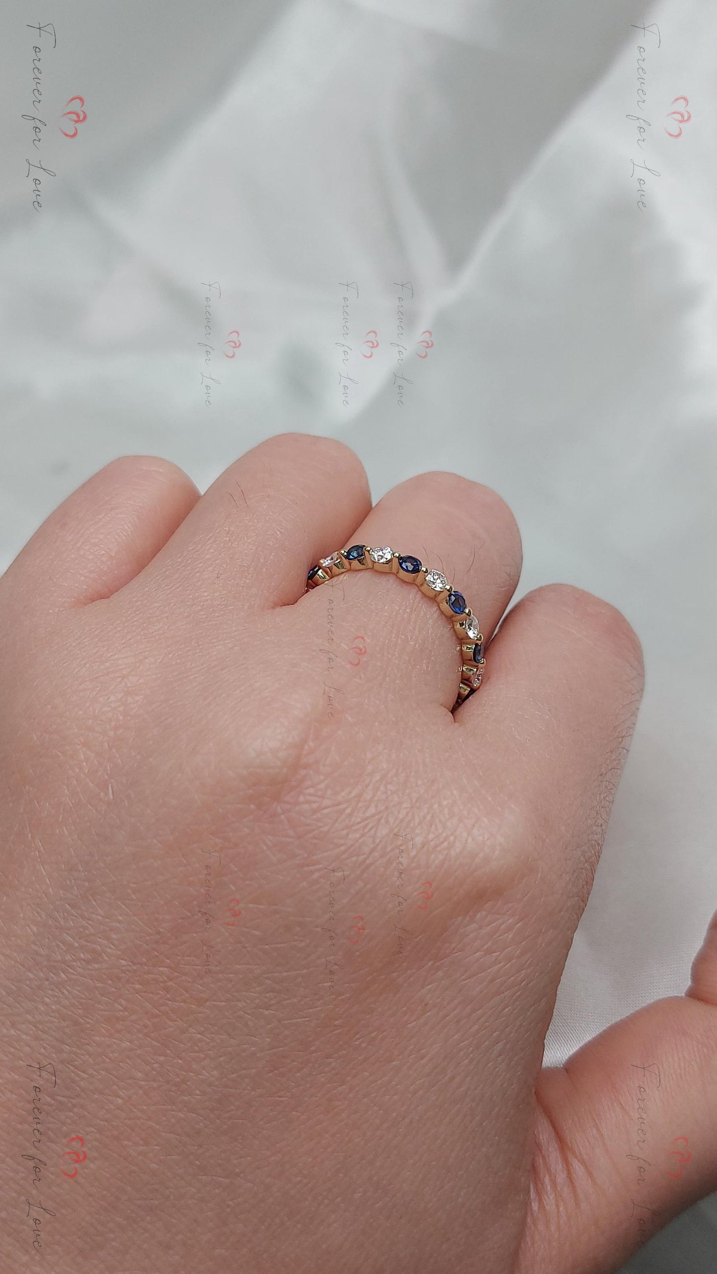 Round Diamond & Sapphire Eternity Band Round cut Natural Sapphire engagement ring in 935 Argentium Silver — custom handcrafted by Forever For Love