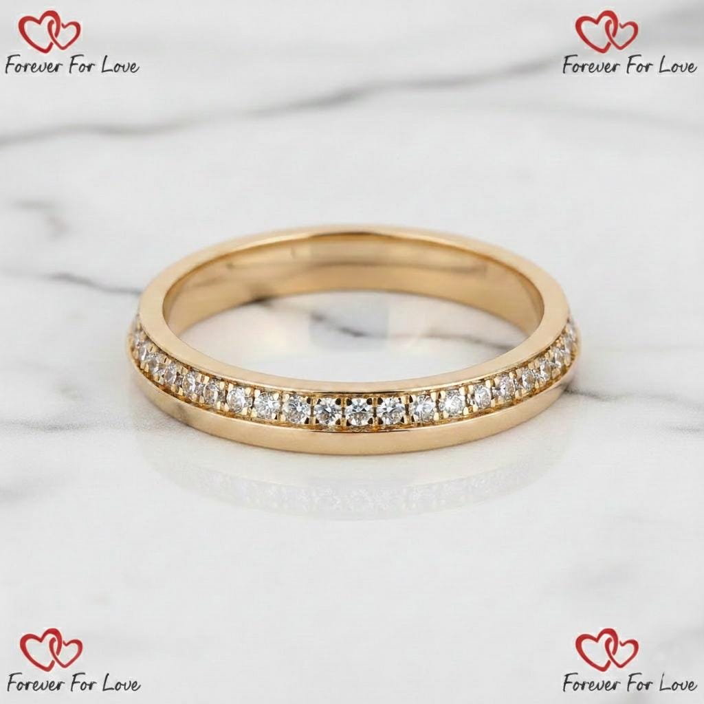 Diamond Wedding Band Full Eternity Knife Edge Ring One Side Pave Setting Ring Wide Stackable Band with Engagement Ring White Rose Gold Round cut Moissanite Brilliant Cut engagement ring in 935 Argentium Silver — custom handcrafted by Forever For Love
