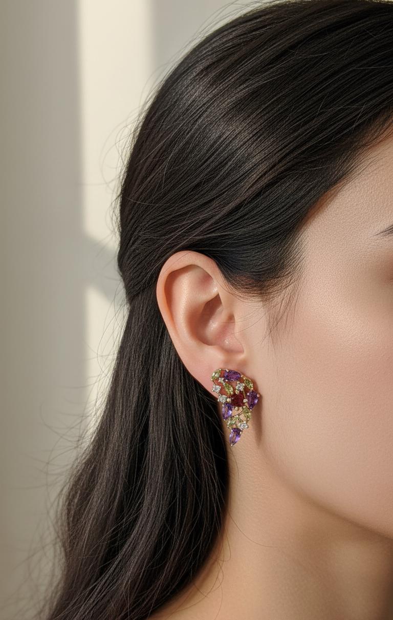Pink sapphire and diamond stud earrings for mom, mothers day gift. Nature inspired gift for mom. One of a kind earring Moissanite engagement ring in Gold or Platinum — custom handcrafted by Forever For Love