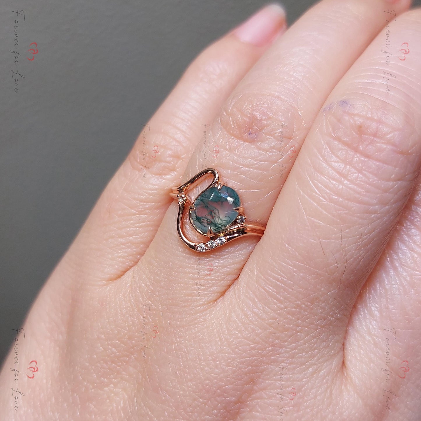 Oval Moss Agate Solitaire Ring Oval cut Natural Moss Agate engagement ring in 935 Argentium Silver — custom handcrafted by Forever For Love