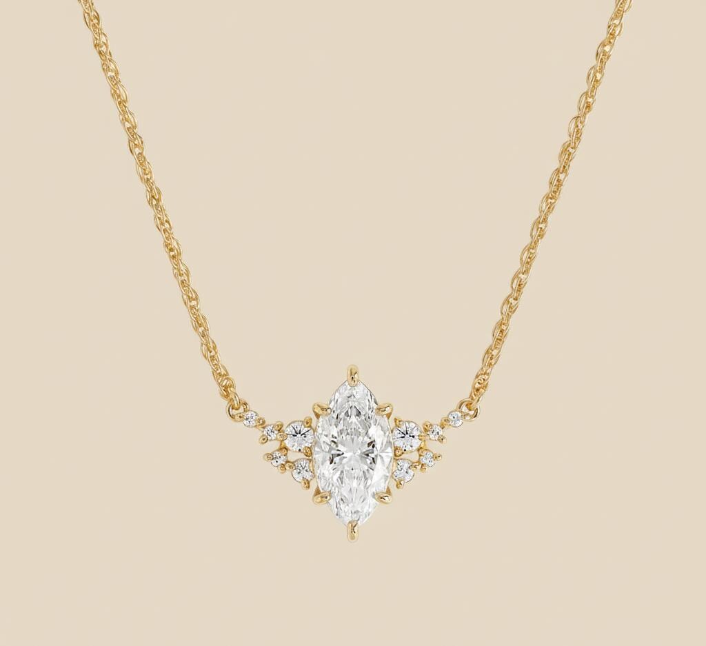 Pendentif en diamant taille marquise, IGI certifié 1,5 carat, couleur E, pureté VVS2, or jaune 14 carats, diamant de laboratoire Moissanite engagement ring in Gold or Platinum — custom handcrafted by Forever For Love