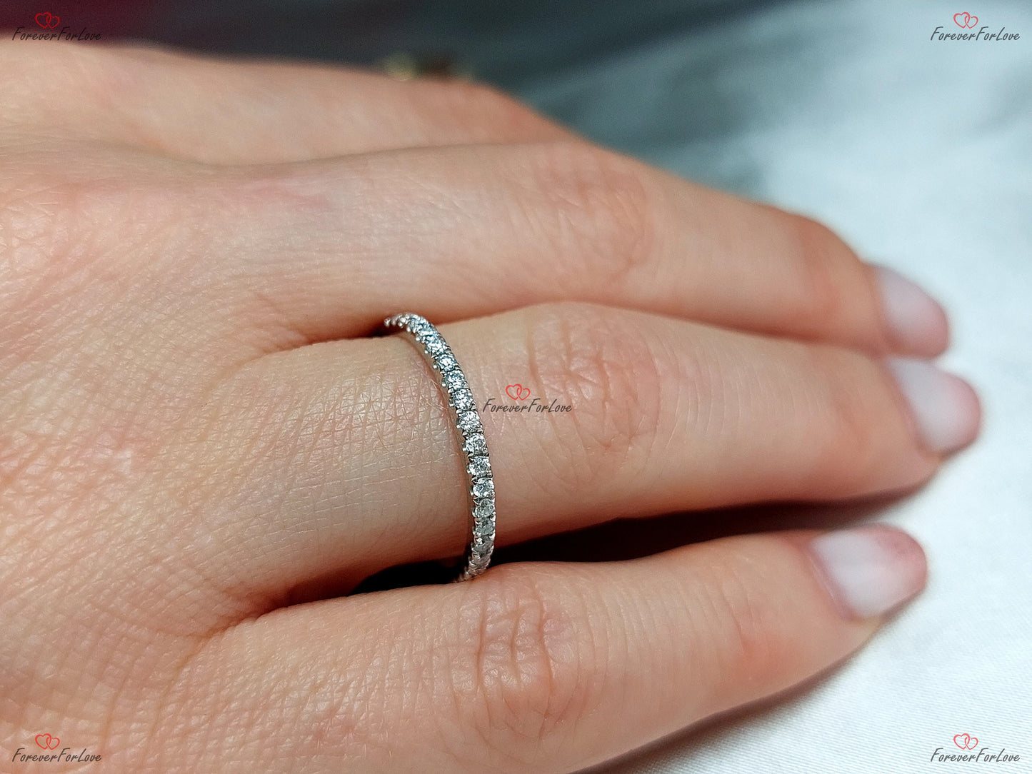 Natural Diamond Half Eternity Band Round cut Moissanite Brilliant Cut engagement ring in 935 Argentium Silver — custom handcrafted by Forever For Love