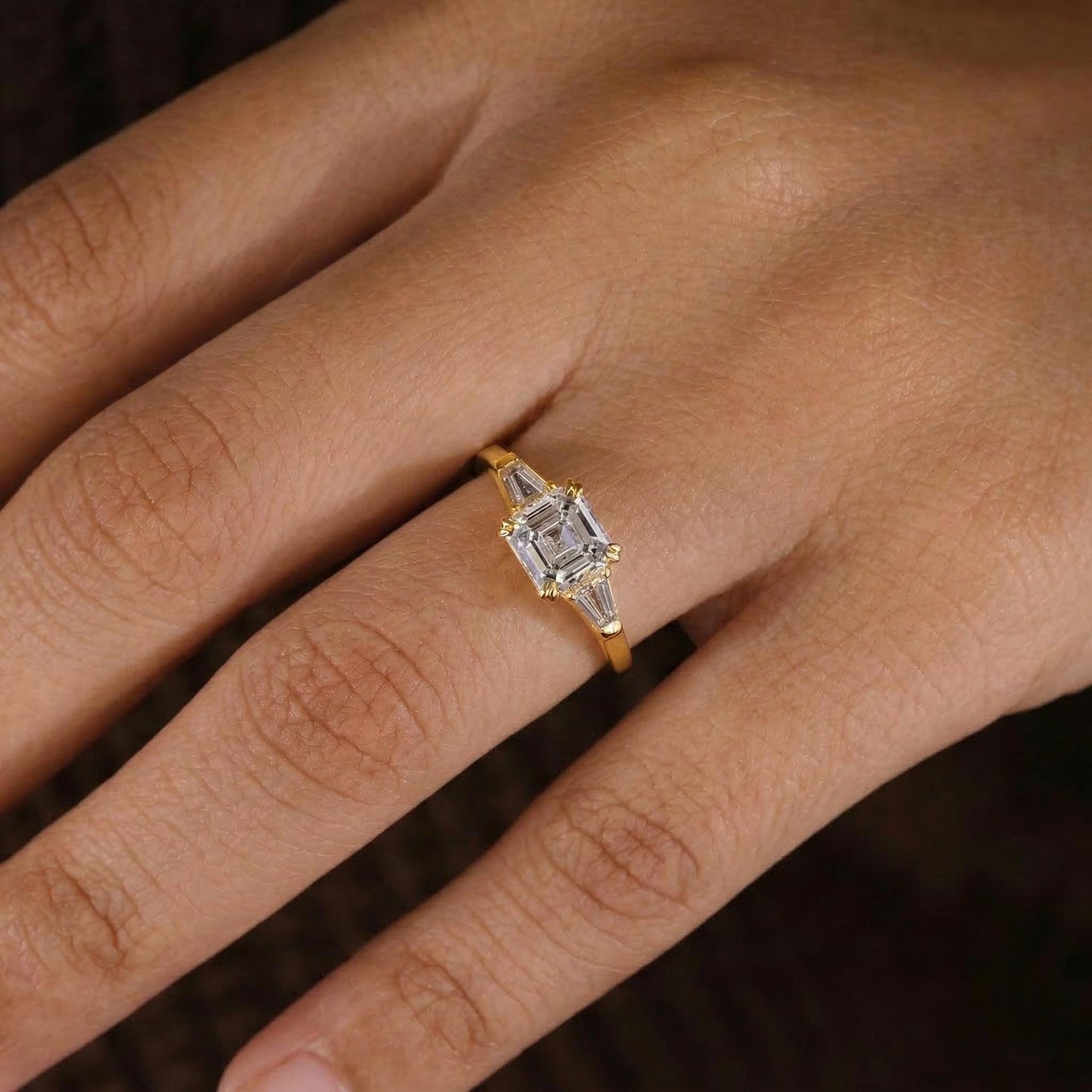 Asscher Lab Diamond Trilogy Engagement Ring Asscher cut Moissanite engagement ring in Gold or Platinum — custom handcrafted by Forever For Love