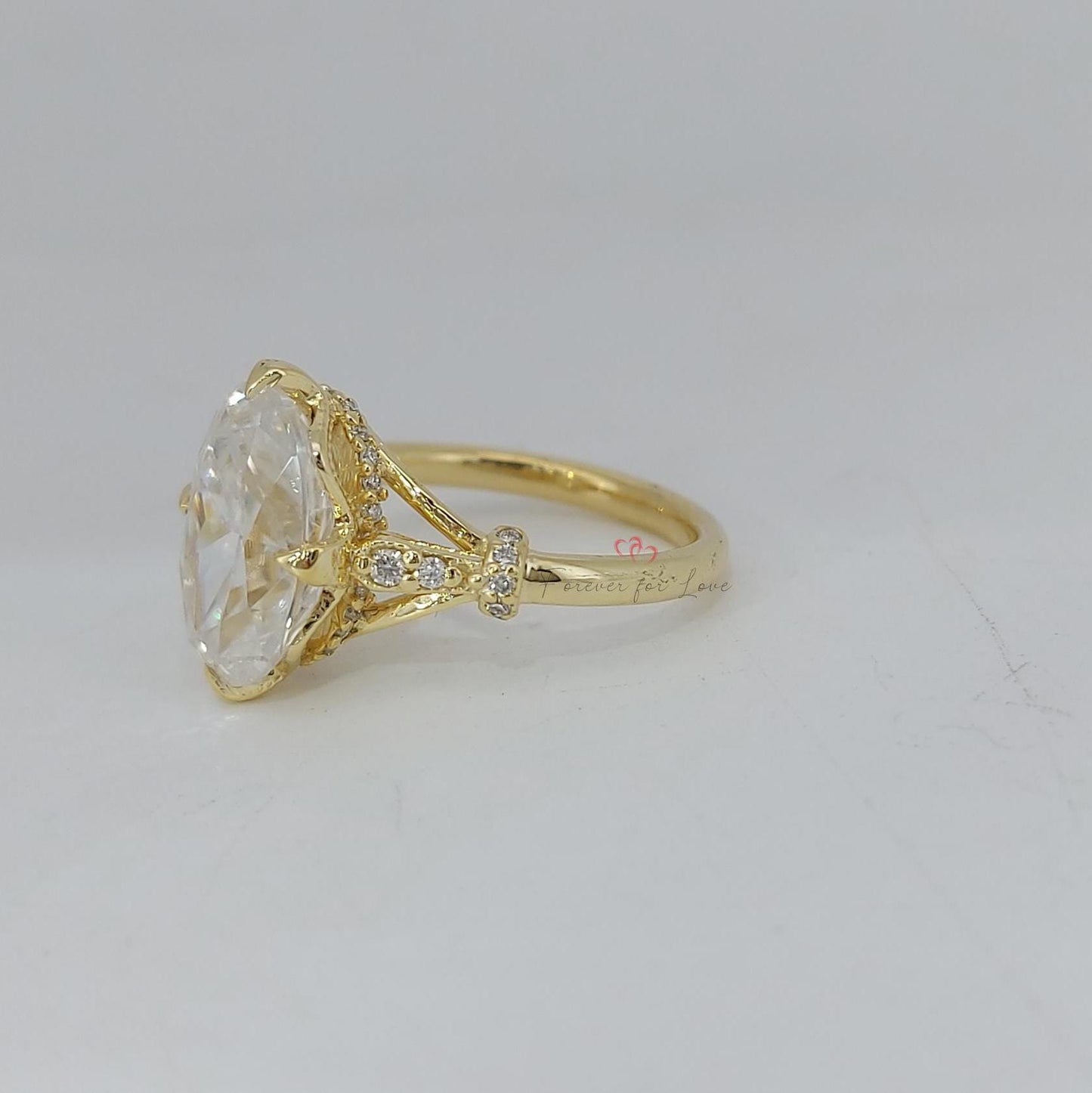 4 Ct Oval Moissanite Hidden Halo with Eternity Shank Engagement Ring Oval cut 1Ct Moissanite Brilliant Cut engagement ring in 935 Argentium Silver — custom handcrafted by Forever For Love