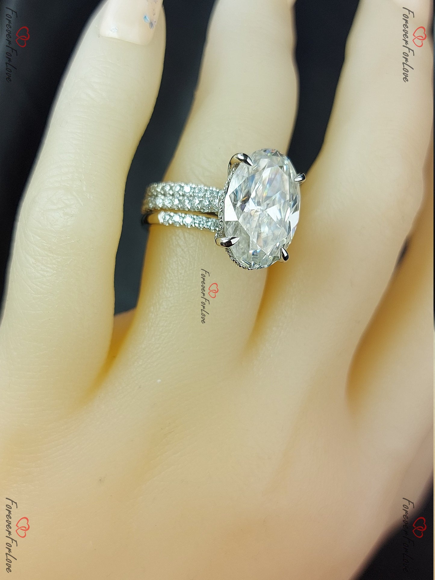 9.5 Ct Oval Diamond, Moissanite Halo Engagement Ring Oval cut Moissanite Brilliant Cut engagement ring in 935 Argentium Silver — custom handcrafted by Forever For Love