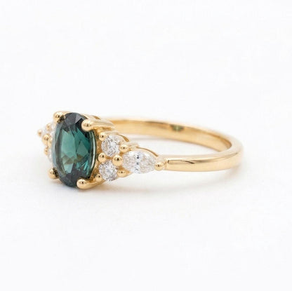 1.5 Ct Oval Green Diamond, Sapphire Engagement Ring