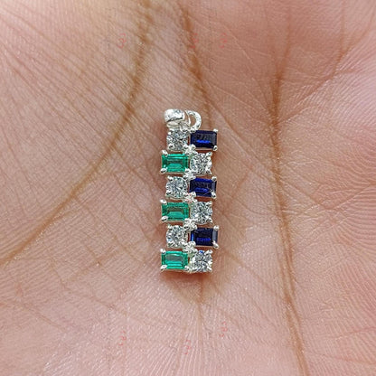 Laborgezüchteter Smaragd- und Saphir-Diamant-Anhänger, Halskette aus 18K Weißgold, asymmetrischer Art Deco Anhänger, minimalistische elegante Halskette für sie