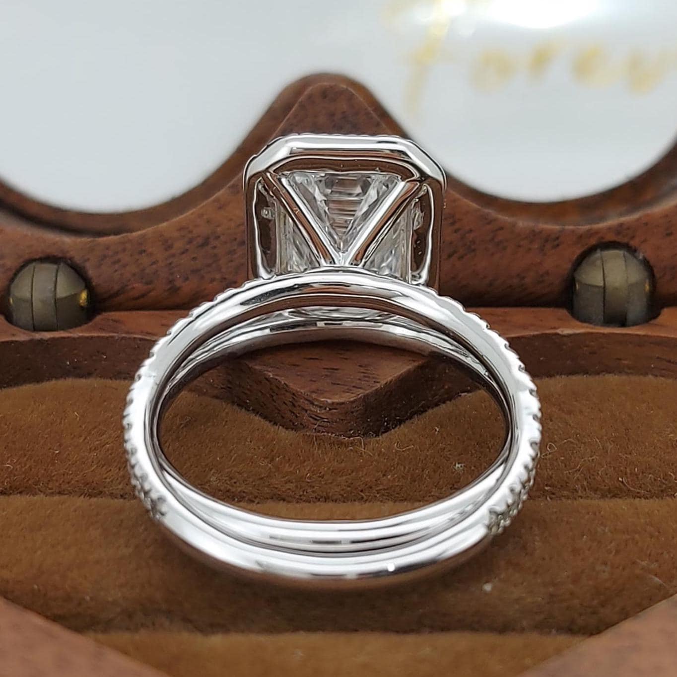 3 Ct IGI Certified Emerald Lab Diamond Halo Bridal Set with Band Emerald cut Moissanite Brilliant Cut engagement ring in 935 Argentium Silver — custom handcrafted by Forever For Love