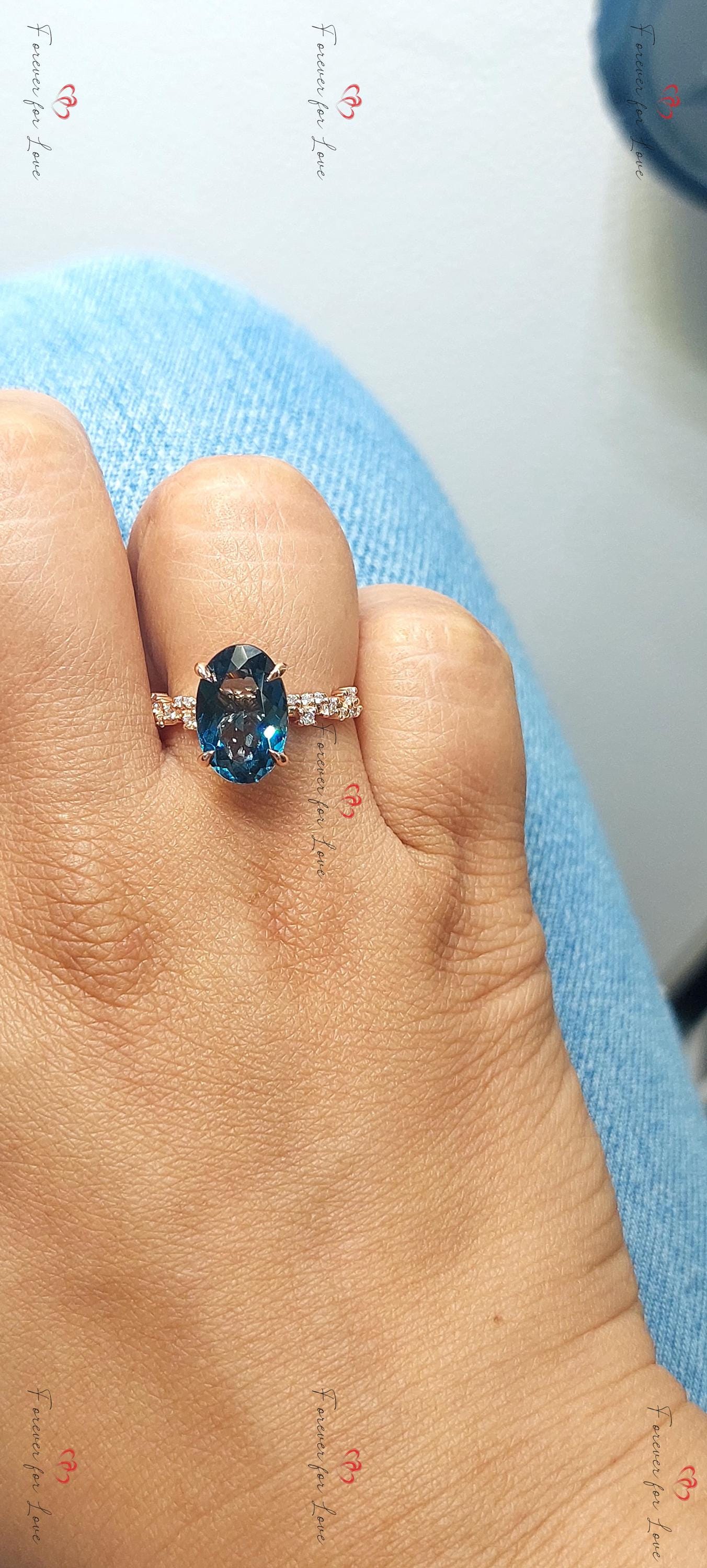 Oval Blue Diamond, Topaz Solitaire Ring