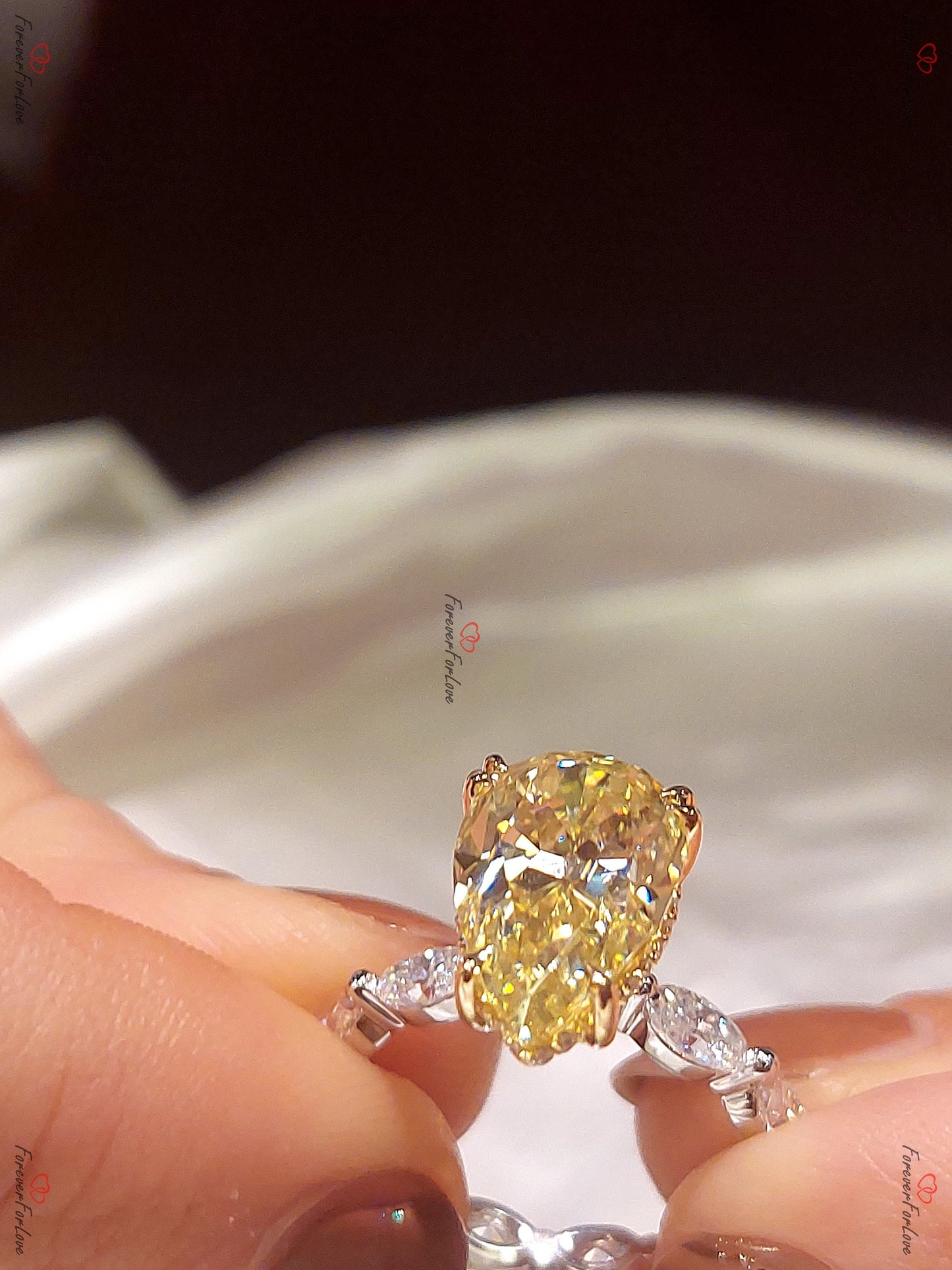 6 Ct Pear Moissanite with Eternity Band Engagement Ring Pear cut Moissanite Brilliant Cut engagement ring in 935 Argentium Silver — custom handcrafted by Forever For Love