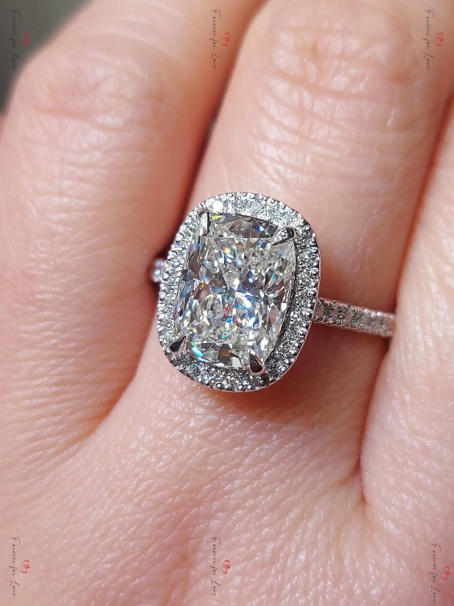 3.5 Ct IGI Certified Cushion Lab Diamond Hidden Halo Engagement Ring Cushion cut 1Ct Moissanite Brilliant Cut engagement ring in 935 Argentium Silver — custom handcrafted by Forever For Love