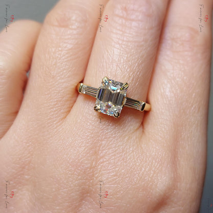 Three Stone Emerald Cut Moissanite Engagement Ring Emerald Cut and tapper baguette Moissanite Ring, Three Stone Wedding Anniversary Ring.