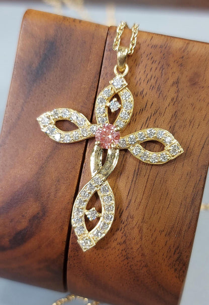 Gedrehte Goldkreuz-Halskette mit rosa Diamant für Frauen, Diamant-Kreuz-Anhänger, christlicher Glaubensanhänger, Kreuz-Geschenk für Frauen