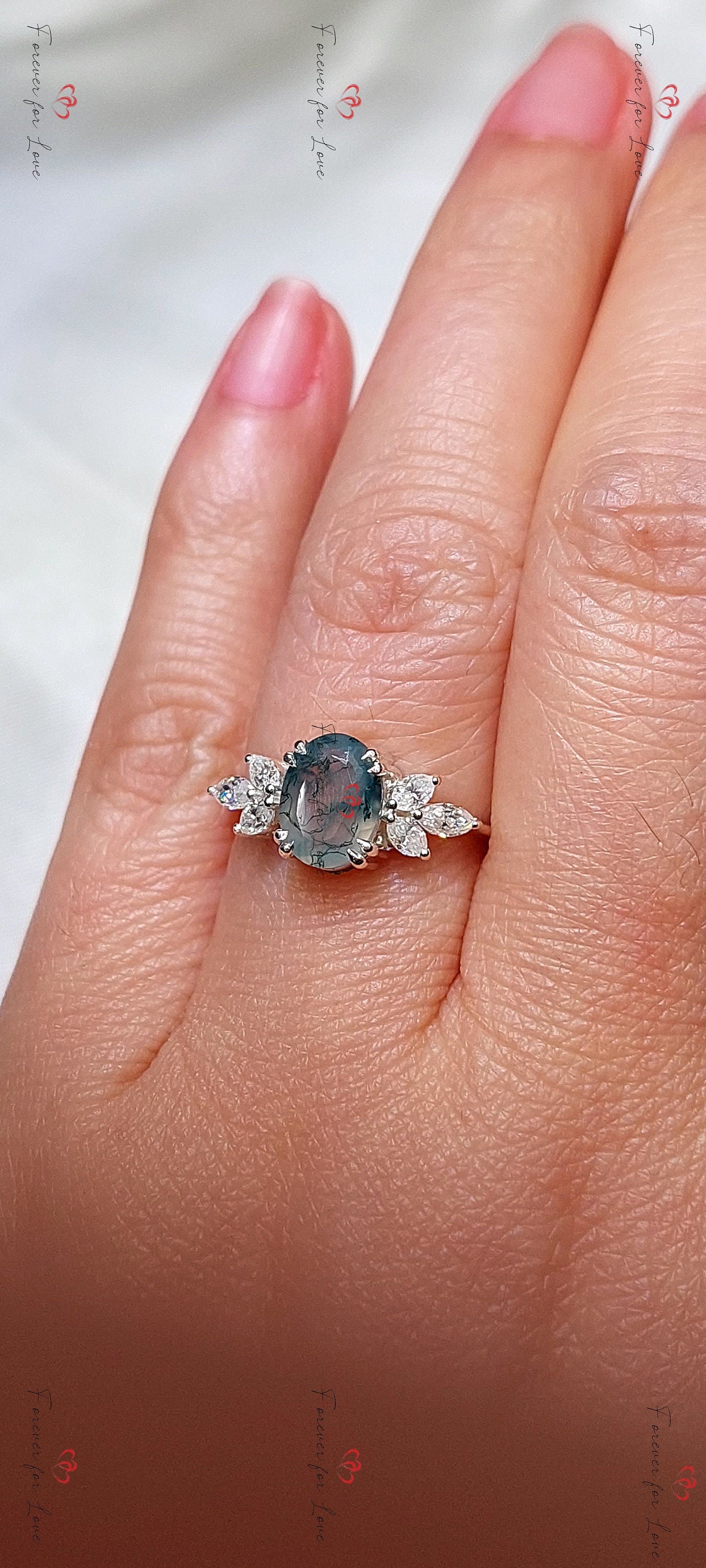 Natural Moss Agate Oval Engagement Ring White Gold Accented Vintage Promise Ring Marquise Diamond Promise Ring Anniversary Wedding Ring