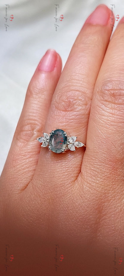 Natural Moss Agate Oval Engagement Ring White Gold Accented Vintage Promise Ring Marquise Diamond Promise Ring Anniversary Wedding Ring