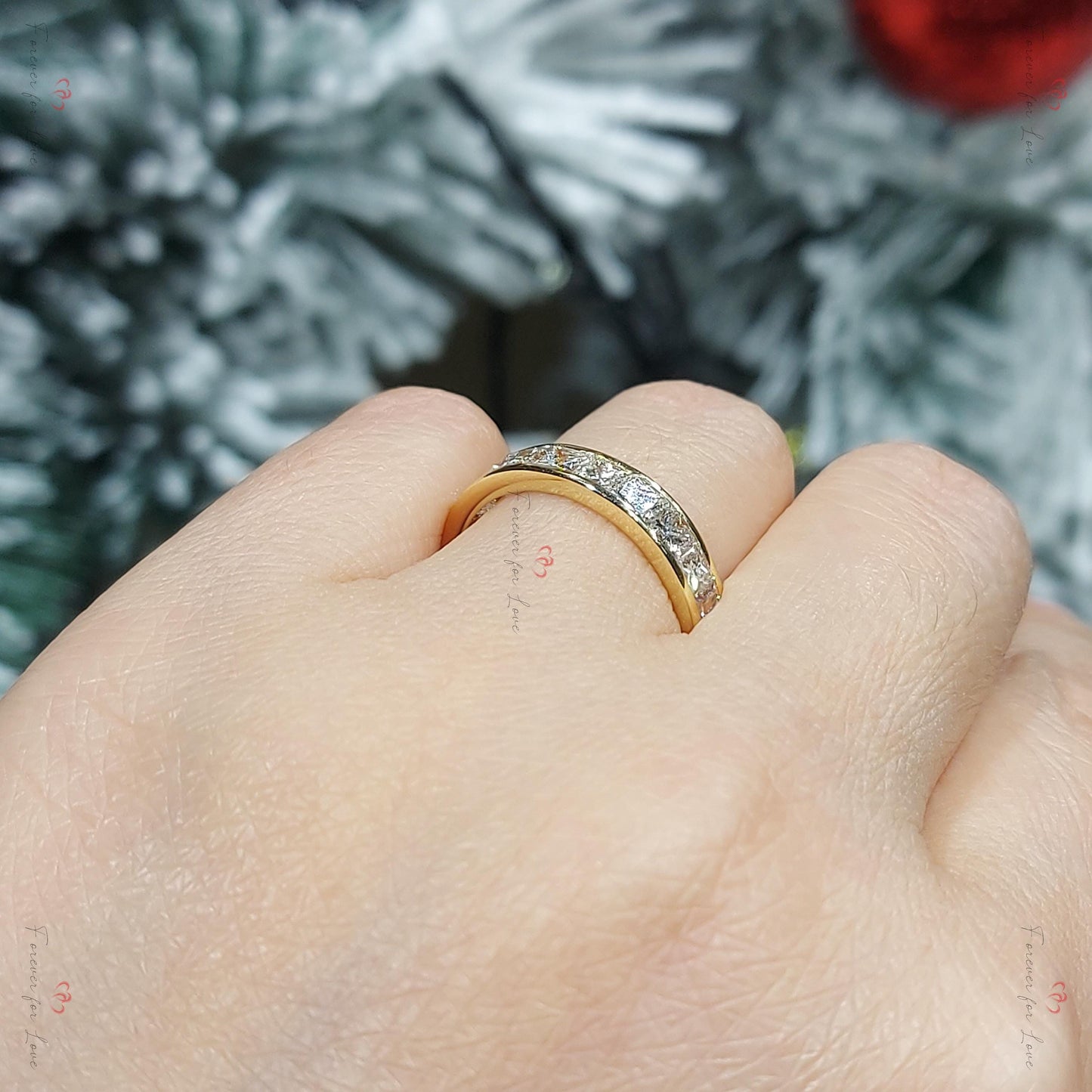 Princess Cut Diamond Half Eternity Ring 2.1 mm 18k 14k natural Wedding Band Channel Setting. Yellow Rose White Gold Platinum certified. Princess cut Moissanite Brilliant Cut engagement ring in 935 Argentium Silver — custom handcrafted by Forever For Love