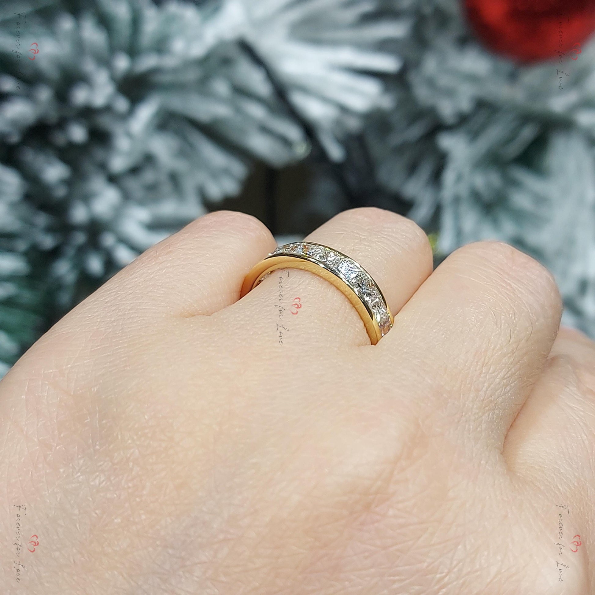 Princess Cut Diamond Half Eternity Ring 2.1 mm 18k 14k natural Wedding Band Channel Setting. Yellow Rose White Gold Platinum certified.
