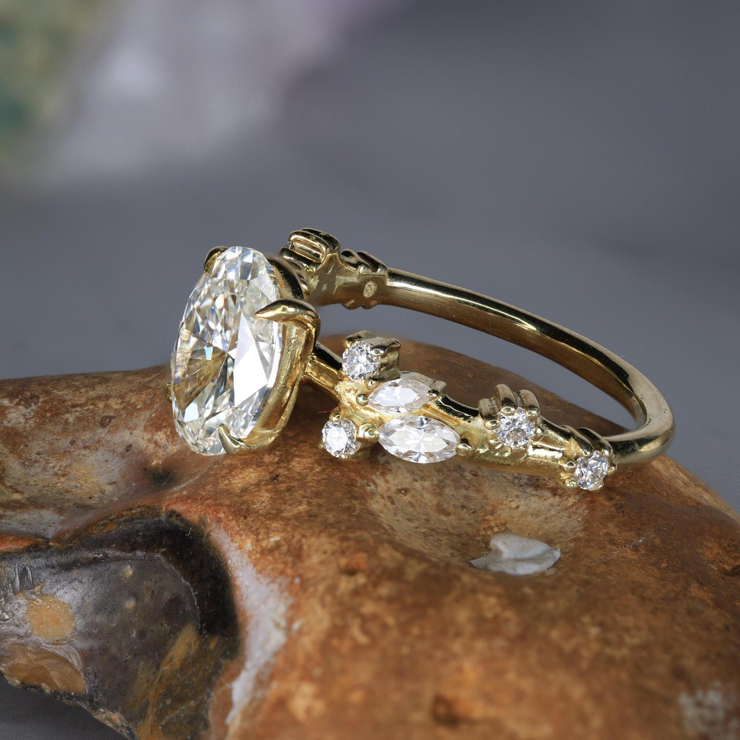 1 Ct Oval Lab Diamond with Marquise Band Engagement Ring Oval cut Moissanite Brilliant Cut engagement ring in 935 Argentium Silver — custom handcrafted by Forever For Love