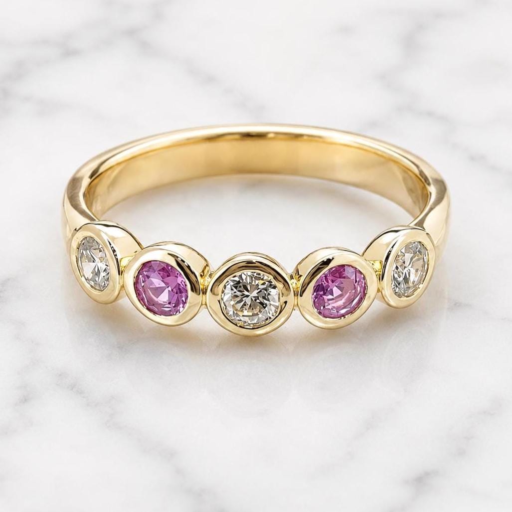 14k Solid Gold Bubble bezel Round Lab Diamond Wedding Band Half Eternity Diamond Engagement Band Diamond and Pink sapphire Alternative Band