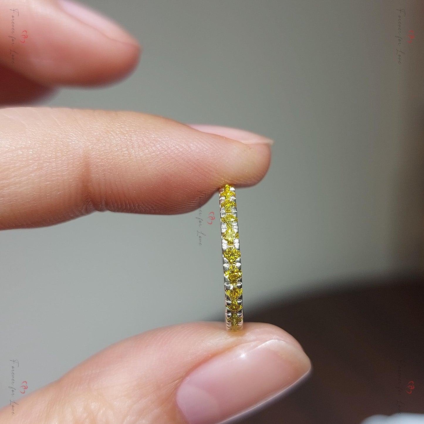 Round Yellow Diamond Half Eternity Band Round cut Moissanite Brilliant Cut engagement ring in 935 Argentium Silver — custom handcrafted by Forever For Love