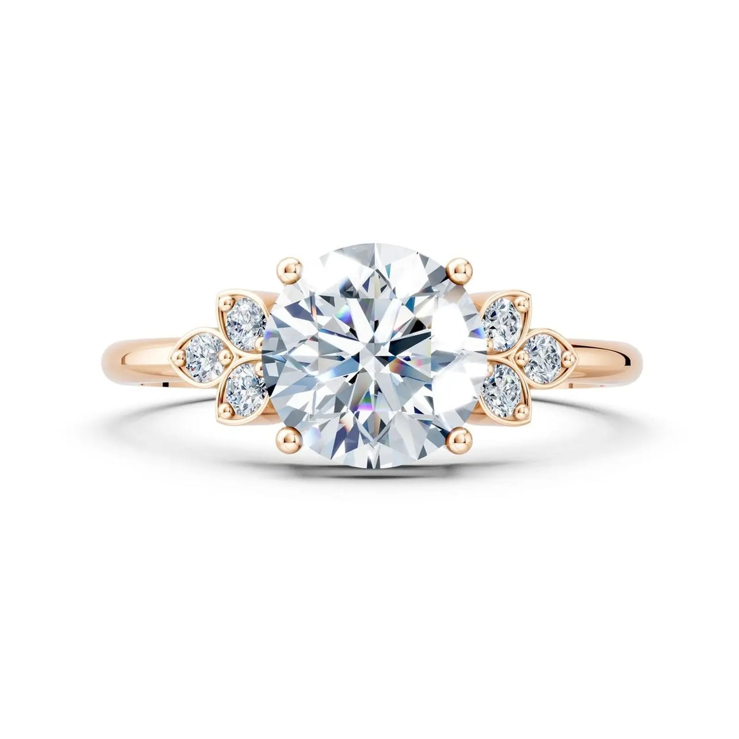 Floral Round Diamond Engagement Ring with Leaf Accents - Round