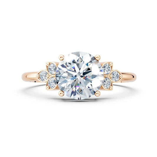 Floral Round Diamond Engagement Ring with Leaf Accents - Round