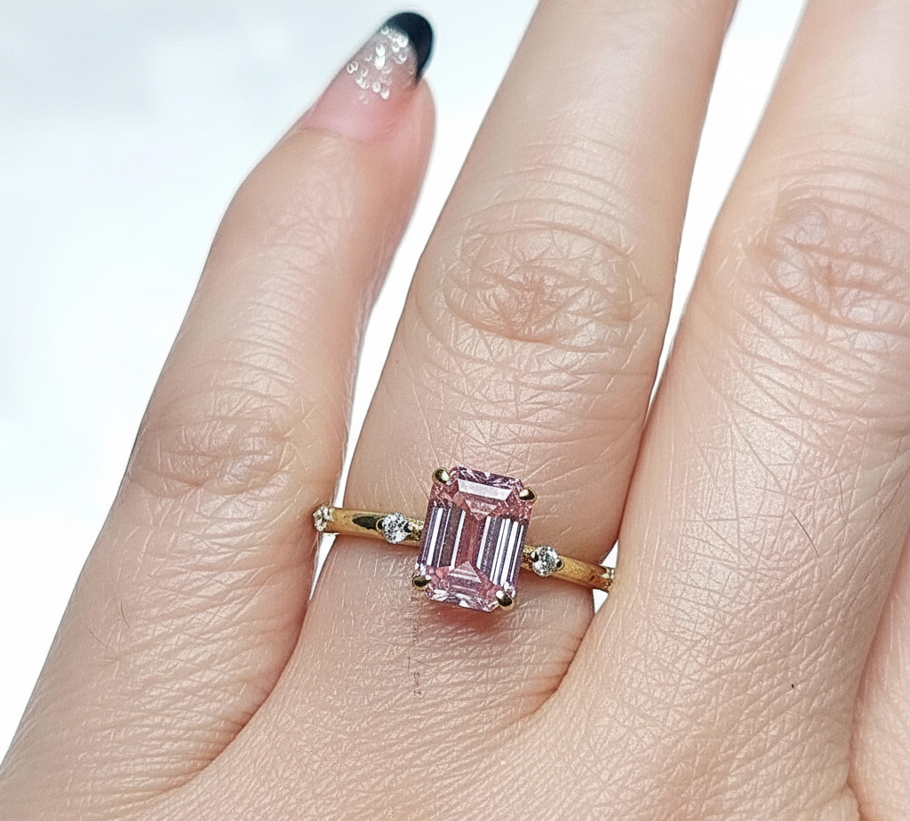 Pink Emerald Cut Lab Created Diamond, Engagement Ring Forever For Love