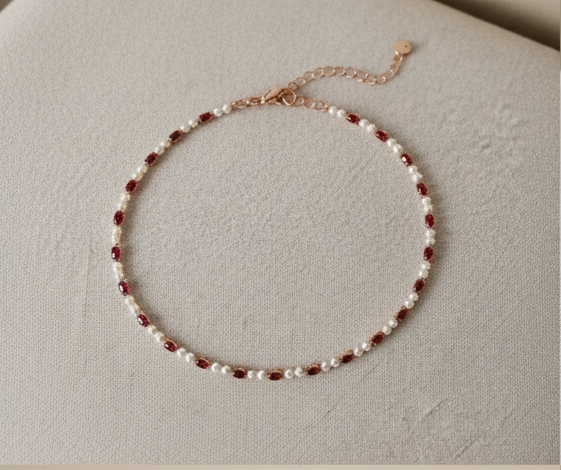 Ruby and Pearl Beaded Station Necklace, Solid Gold Chain, Dainty Ruby Gemstone Necklace, Gift For Her, Layering Necklace Forever For Love