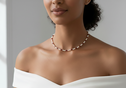 Ruby and Pearl Beaded Station Necklace, Solid Gold Chain, Dainty Ruby Gemstone Necklace, Gift For Her, Layering Necklace Forever For Love