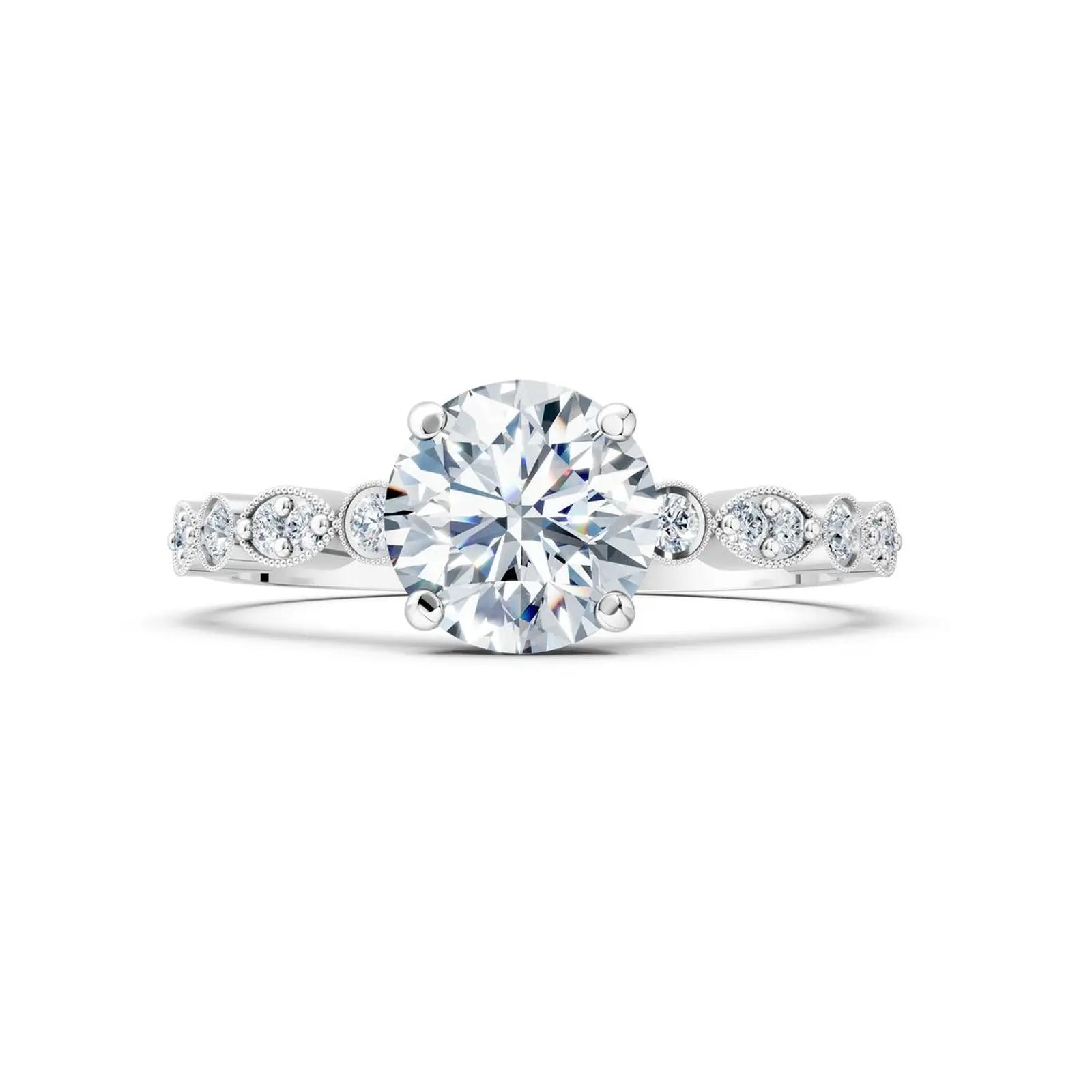 Vintage Round Diamond Engagement Ring with Scalloped Milgrain Accents - Round