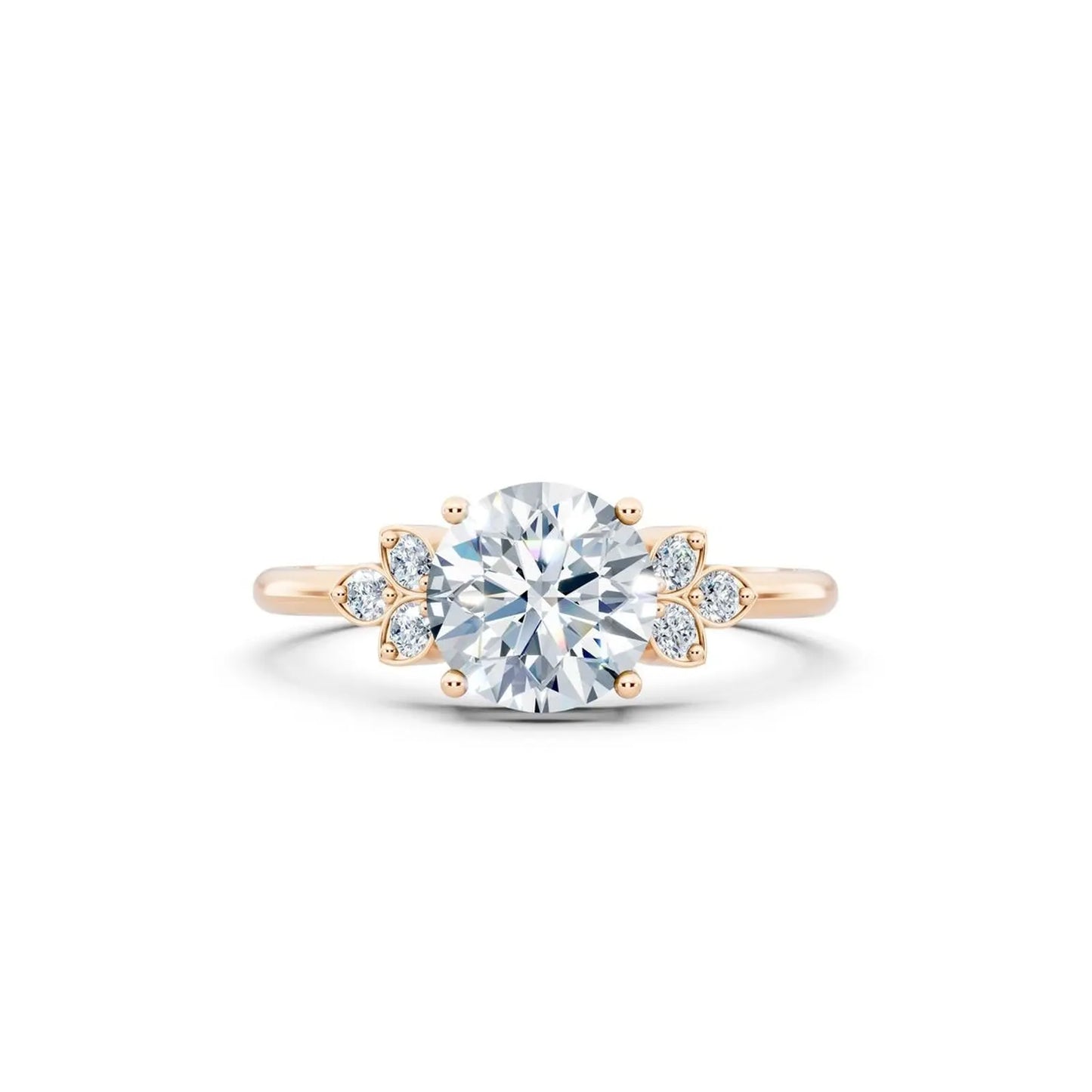 Floral Round Diamond Engagement Ring with Leaf Accents - Round