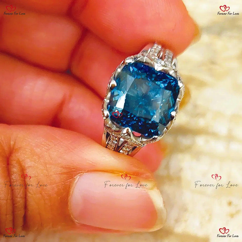 Rare Blue Diamond Engagement Ring - Square Cushion Brilliant Fancy Vivid Cushion cut 1Ct Moissanite Brilliant Cut engagement ring in 935 Argentium Silver — custom handcrafted by Forever For Love