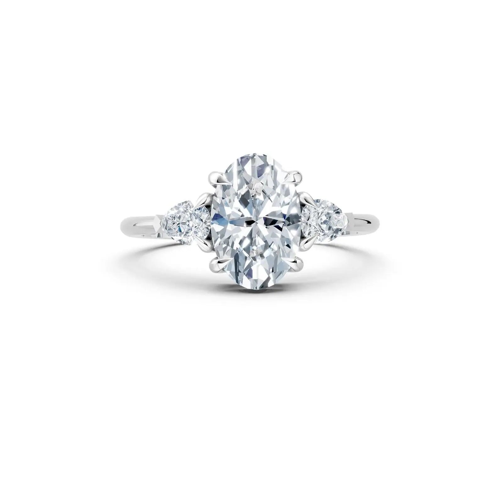 Three-Stone Oval Diamond Engagement Ring with Pear Side Stones - Oval