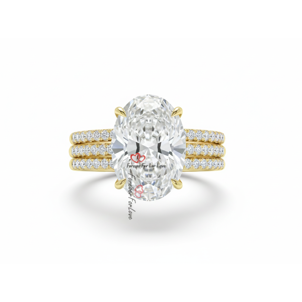 Crushed Ice Oval Cut Moissanite Engagement Ring | Hidden Halo Bridal Set | Pave Set Forever For Love