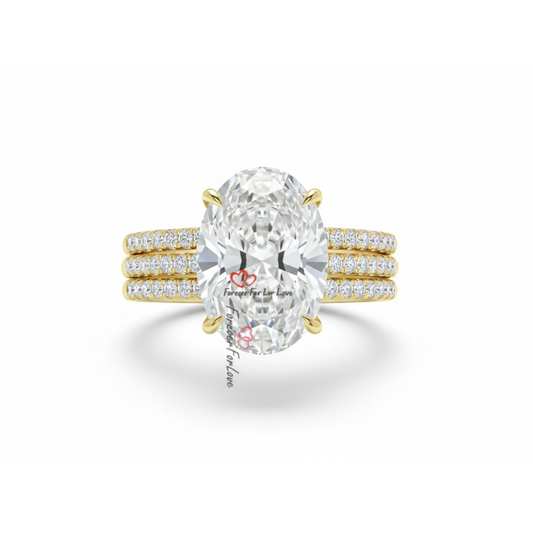 Crushed Ice Oval Cut Moissanite Engagement Ring | Hidden Halo Bridal Set | Pave Set Forever For Love