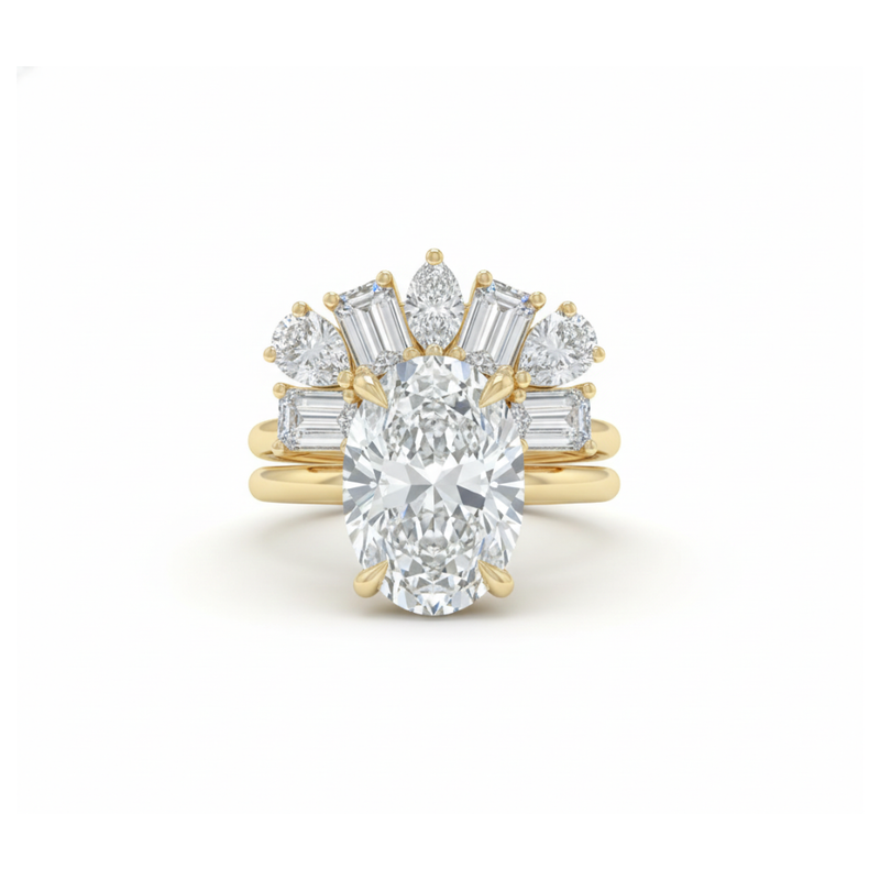 E VS1 CVD Lab Grown Oval Cut Solid Gold Engagement Ring with Hidden Halo | IGI Certified Bridal Set Forever For Love