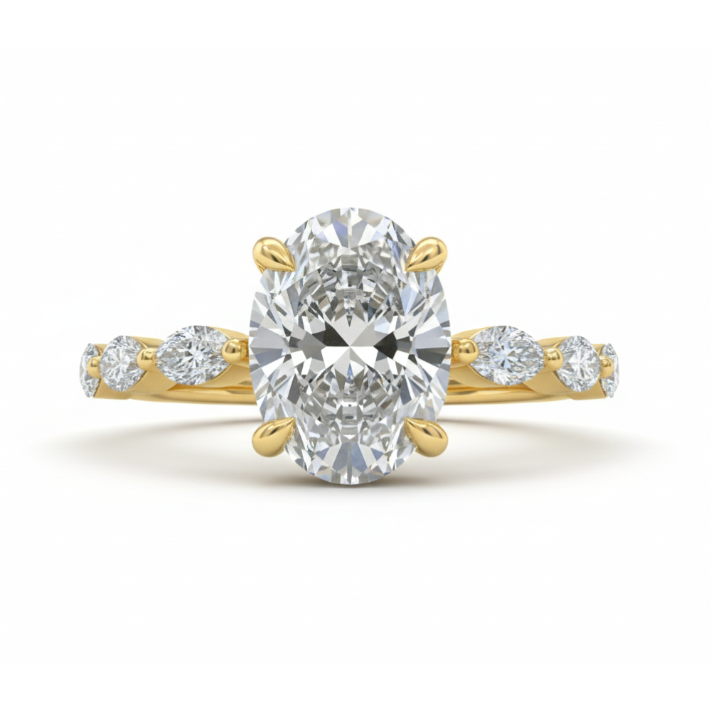 Vintage Oval Cut Lab Grown Diamond Ring - Oval Engagement Ring with Pear and Round Side Stones Forever For Love