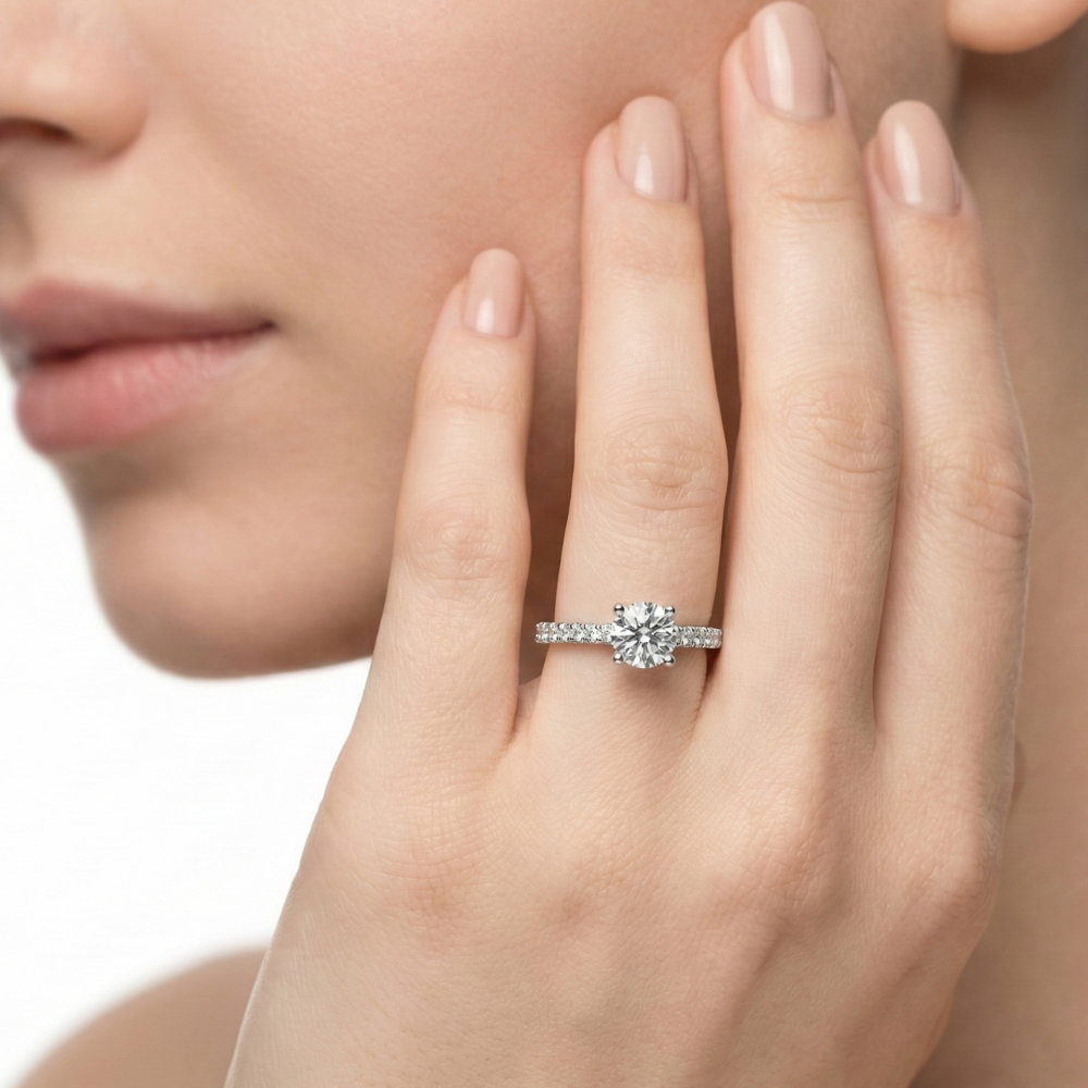 0.5 Carat Round Brilliant Natural Diamond Engagement Ring with Pavé Band Forever For Love