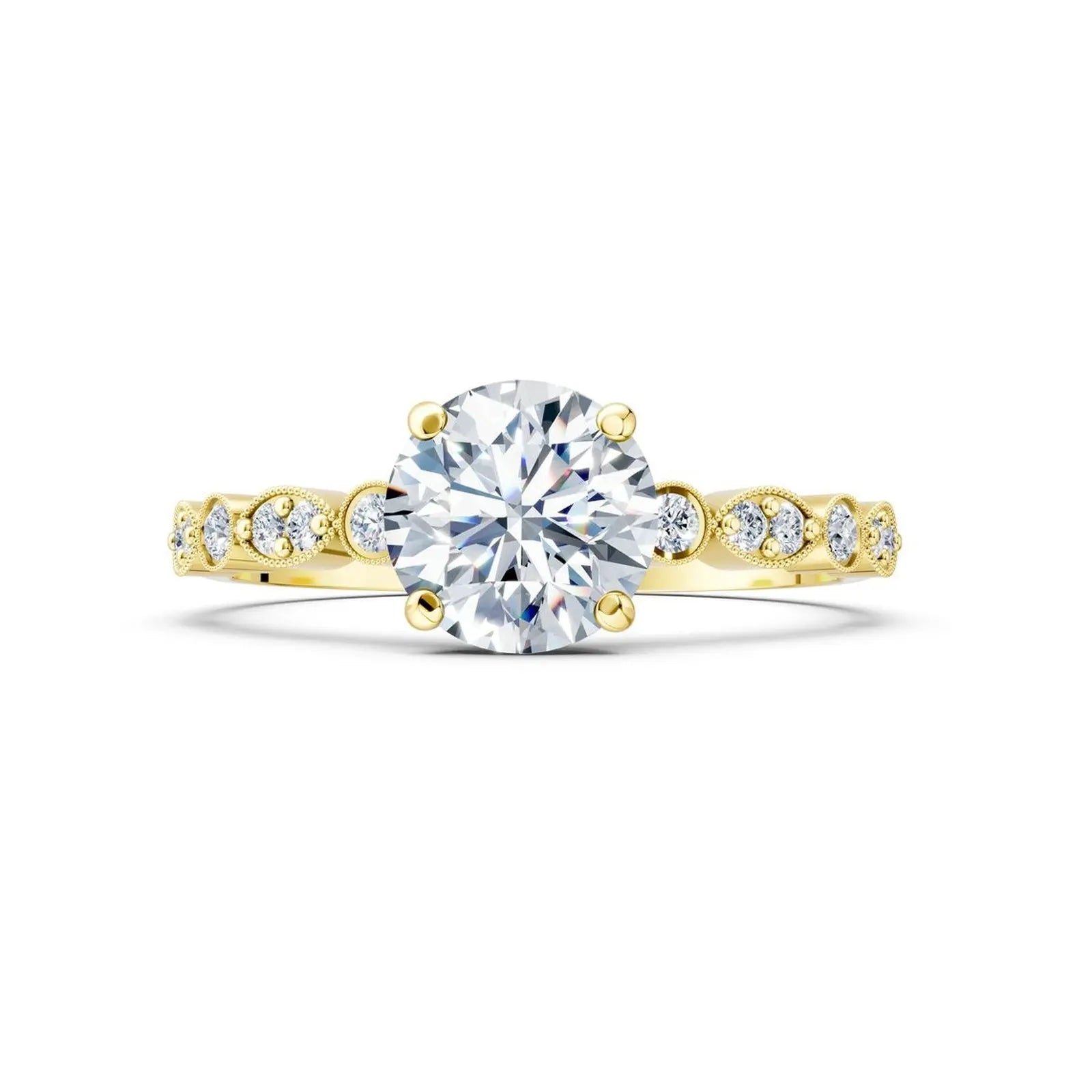 Vintage Round Diamond Engagement Ring with Scalloped Milgrain Accents - Round